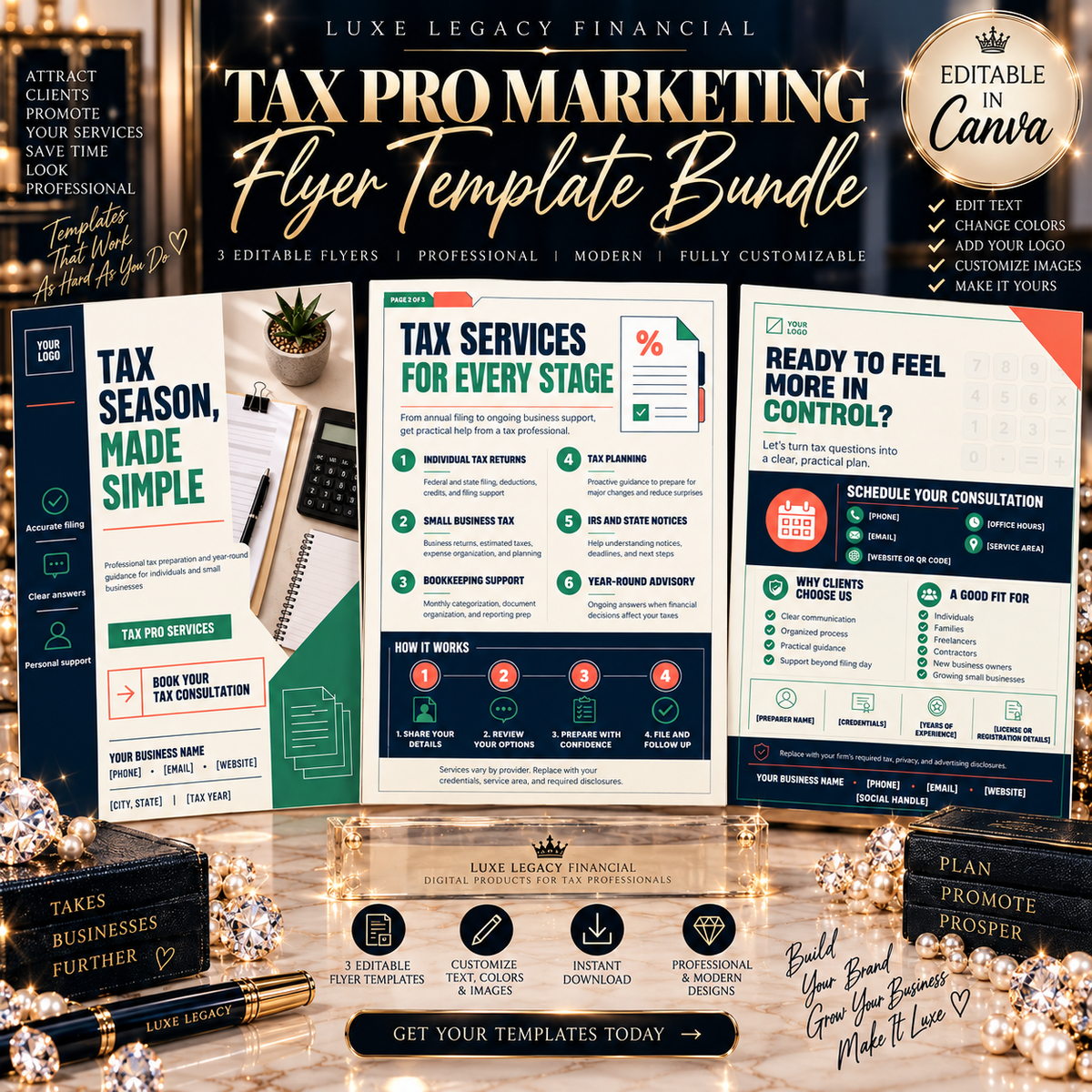 Tax Pro Marketing Flyer Template Bundle | 3 Editable Canva Flyers